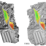 工事作業前後の陰影起伏図に高さ変化量図を重ね合わせ。赤色が切土範囲、緑色が盛土範囲を示す。