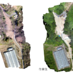 工事作業前後のオルソ画像。作業期間中に樹木に葉が付いたため地表の可視範囲が狭まっている。