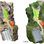 工事作業前後のオルソ画像に高さ変化量図を重ね合わせ。赤色が切土範囲、緑色が盛土範囲を示す。